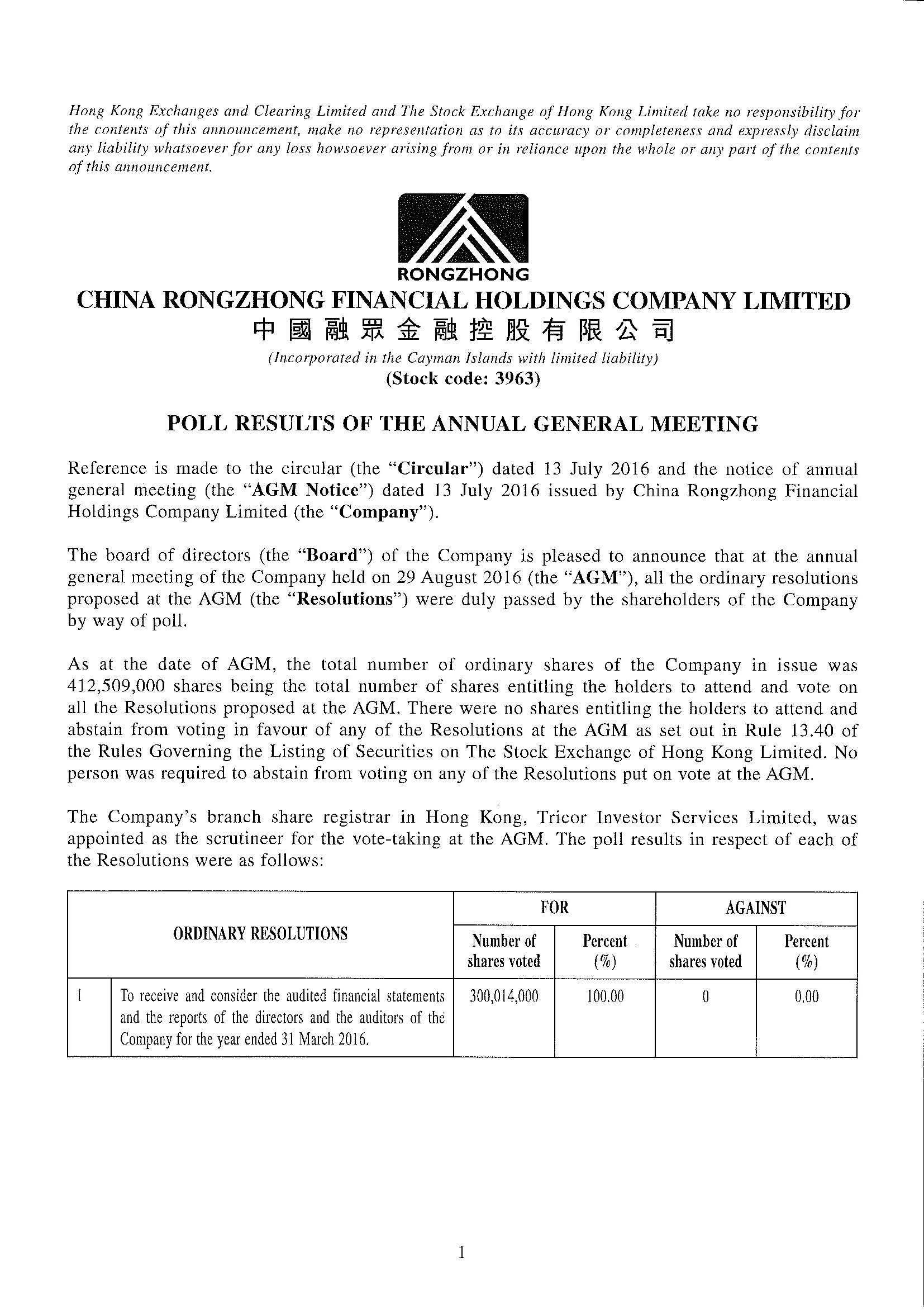 Announcements and Notices - [Results of AGM]
