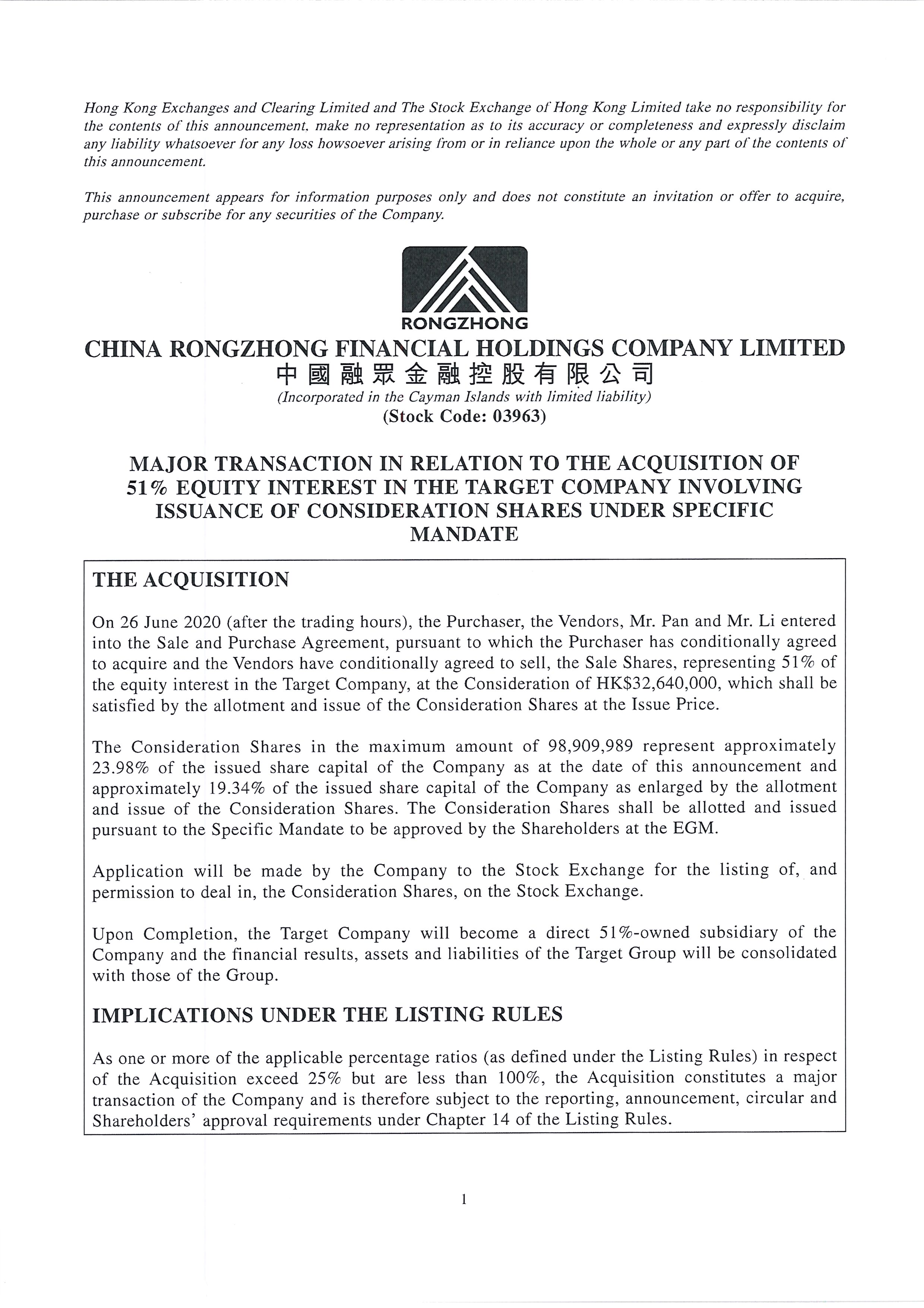 Announcements and Notices - [Major Transaction / Consideration Issue / Issue of Shares under a Specific Mandate]