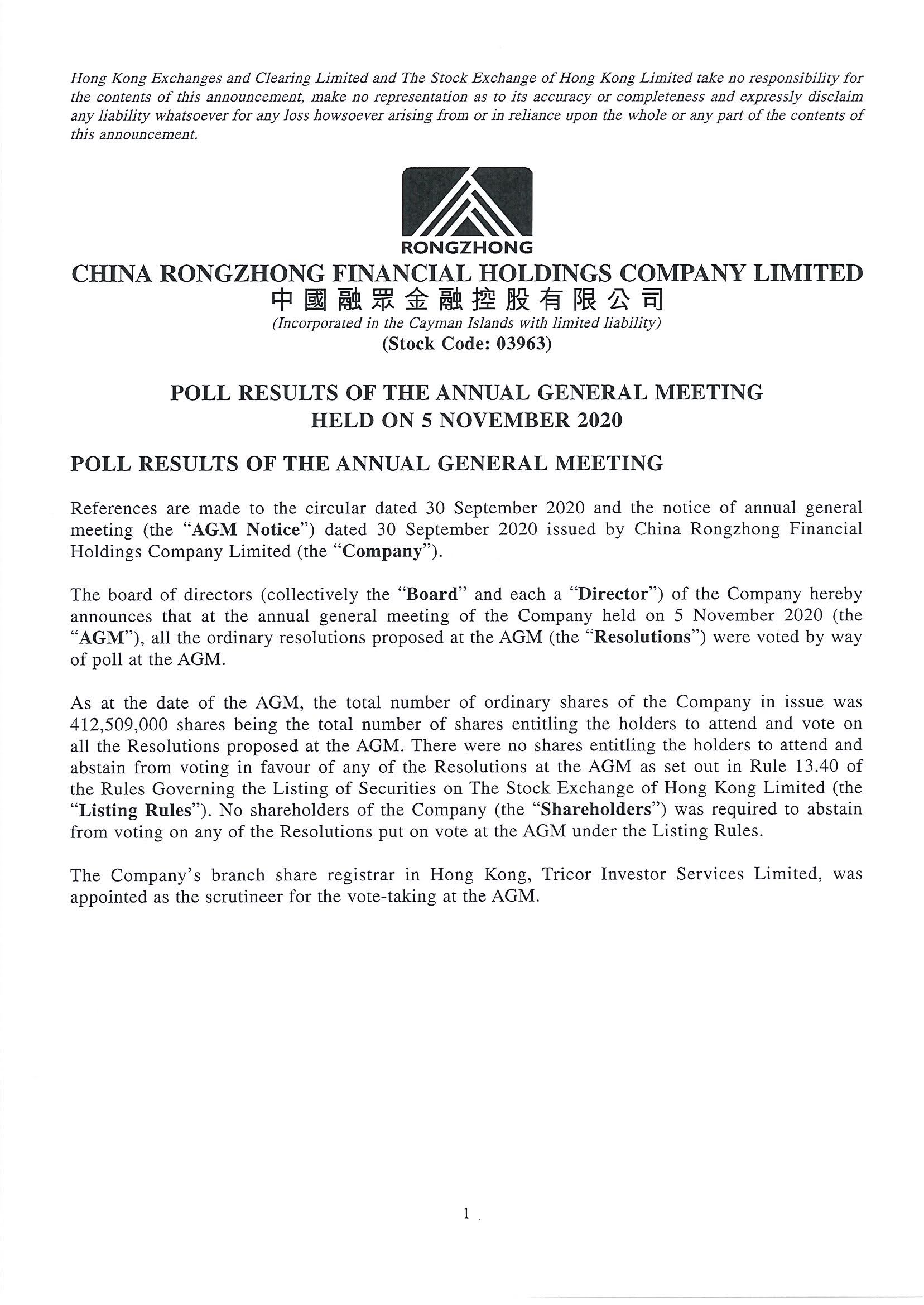 Announcements and Notices - [Results of AGM]