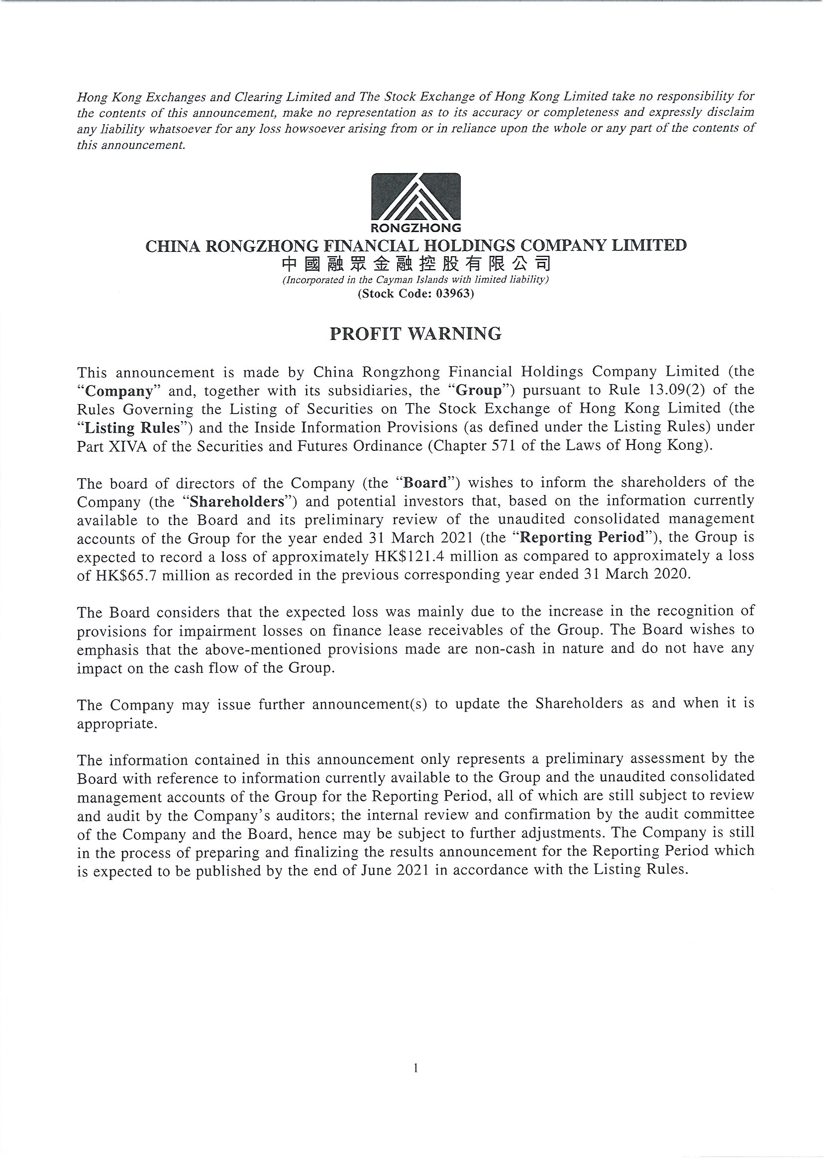 Announcements and Notices - [Profit Warning]