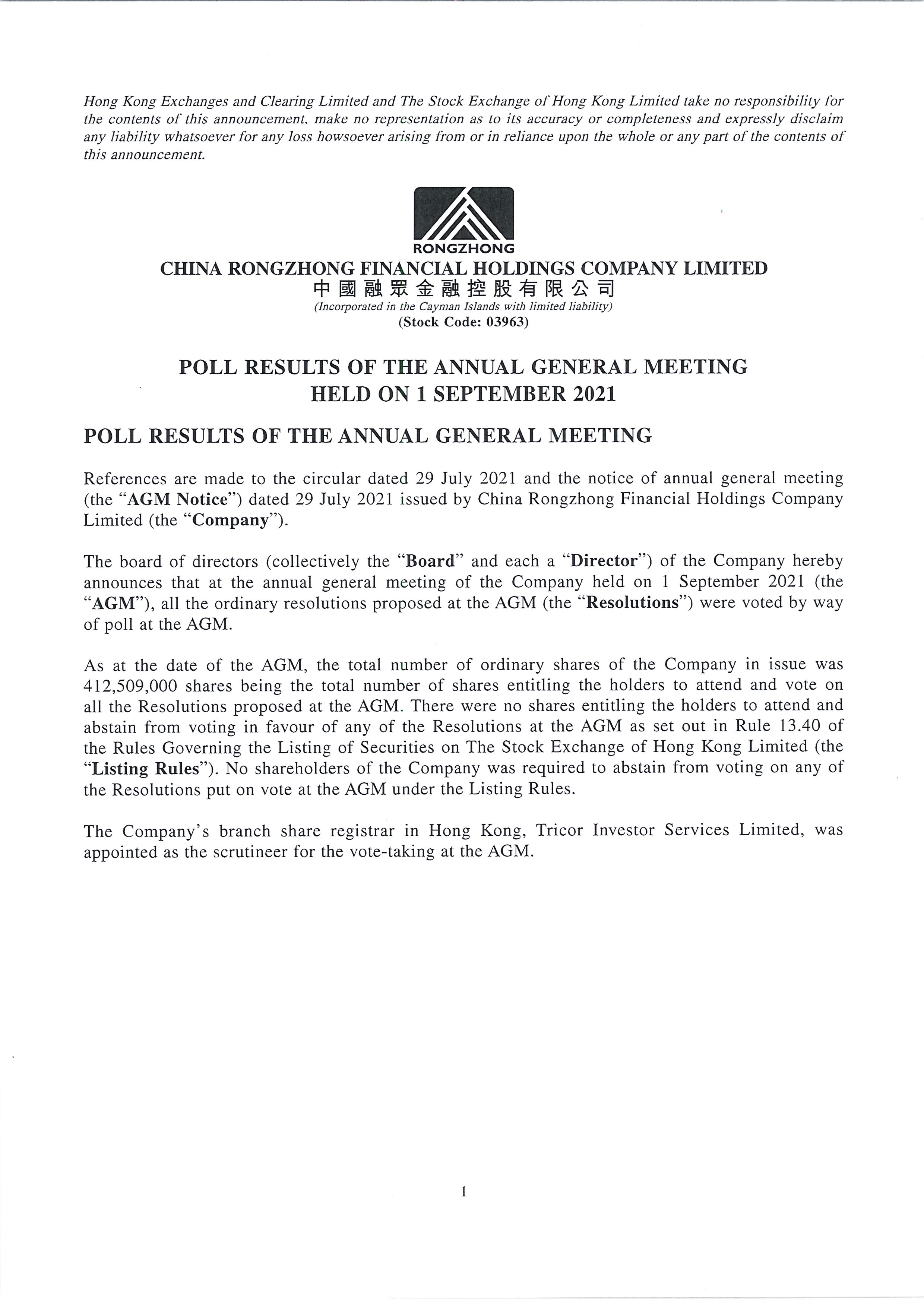 Announcements and Notices - [Results of AGM]