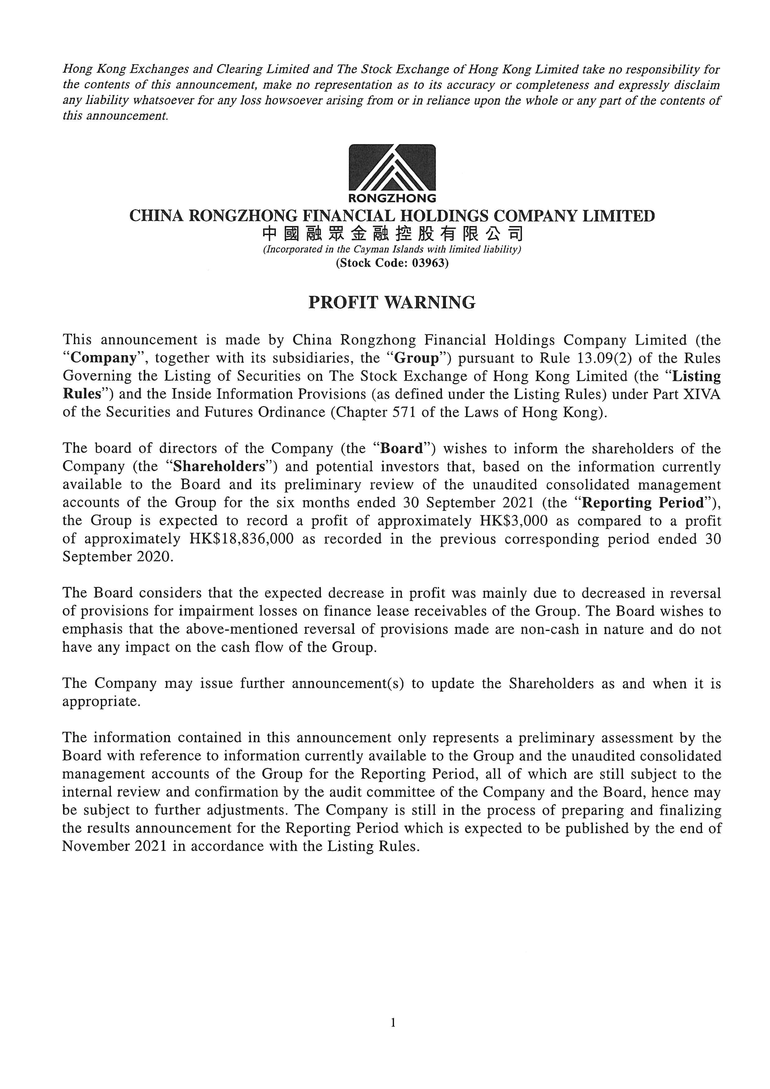Announcements and Notices - [Profit Warning / Inside Information]