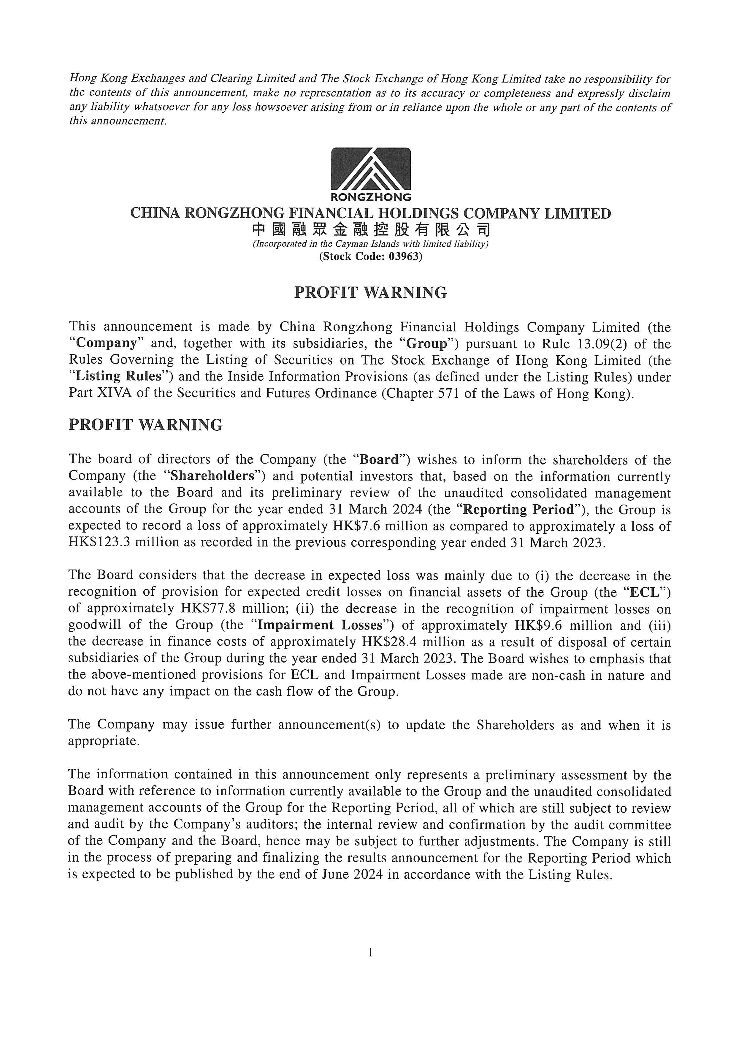 Announcements and Notices - [Profit Warning / Inside Information]