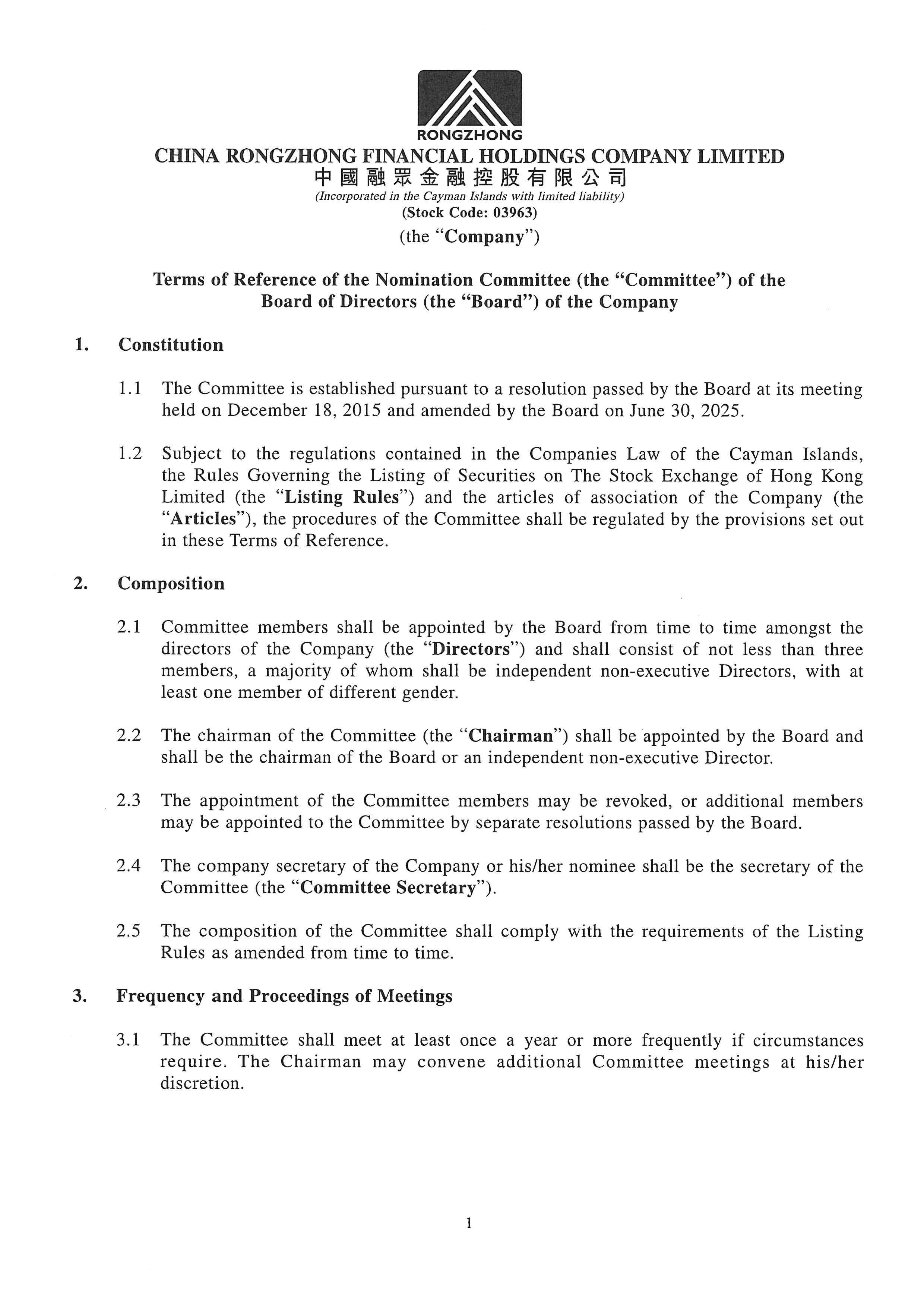 Announcements and Notices - [Terms of Reference of the Nomination Committee]