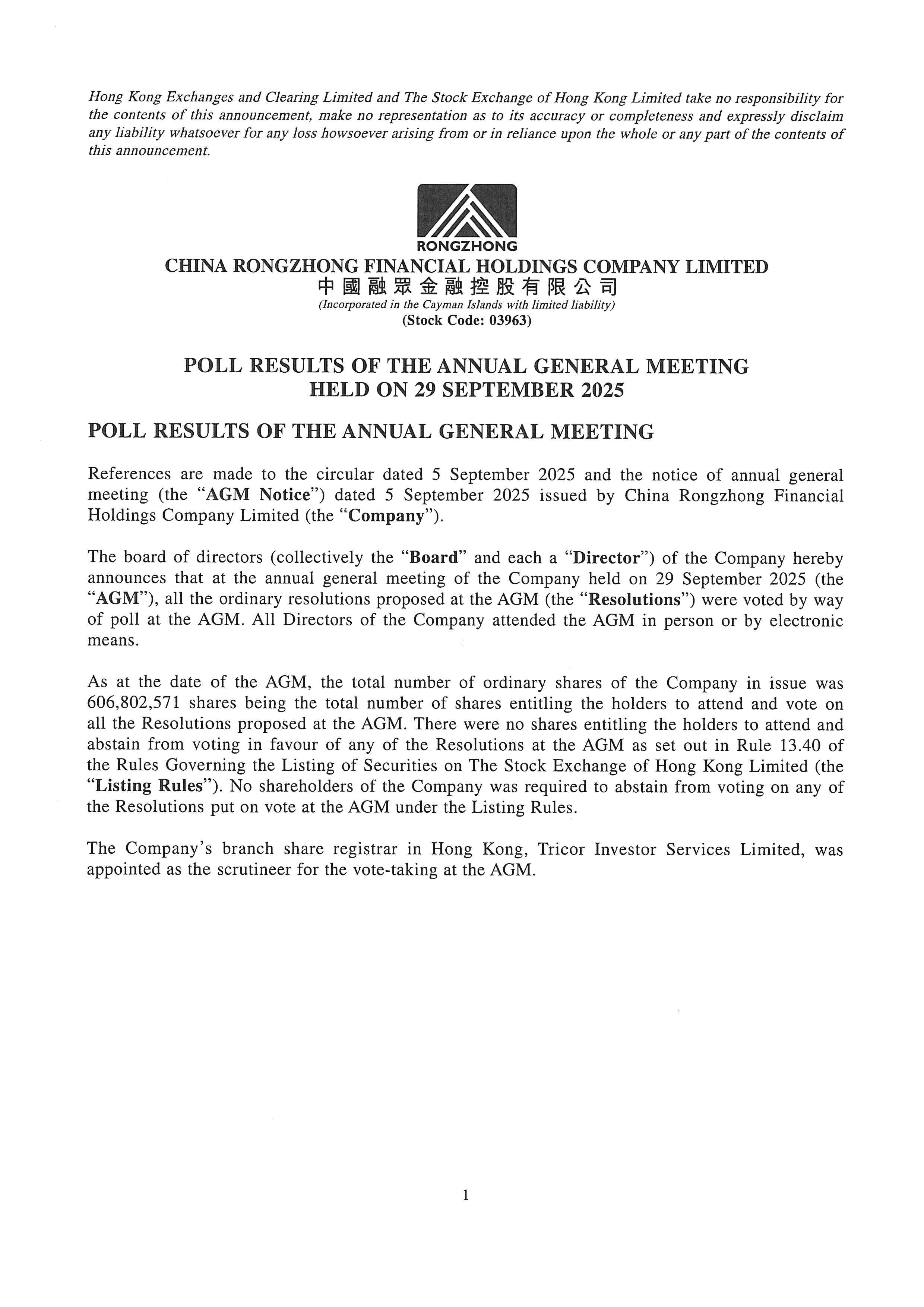 Announcements and Notices - [Results of AGM]