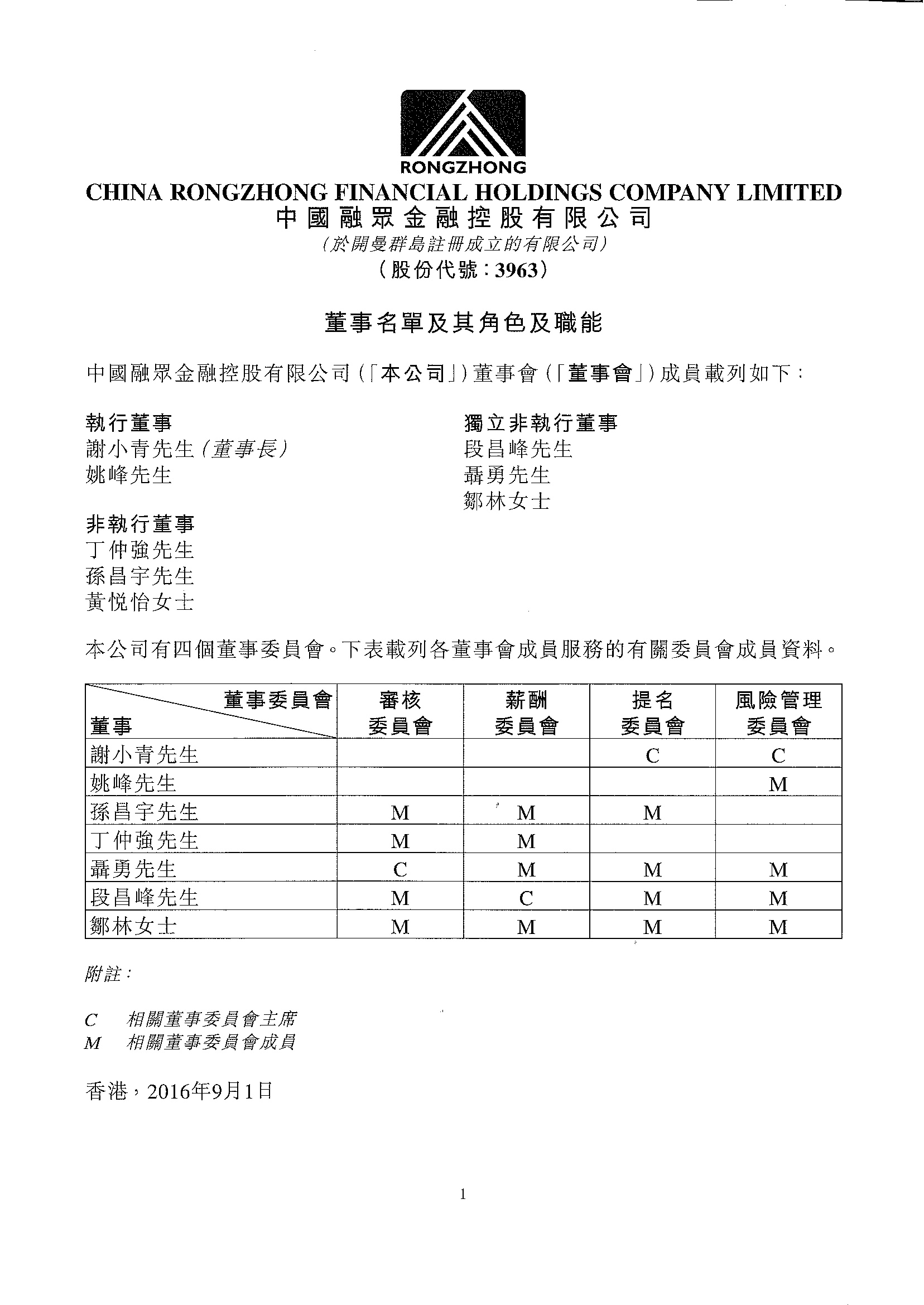 公告及通告 - [董事名單和他們的地位和作用]