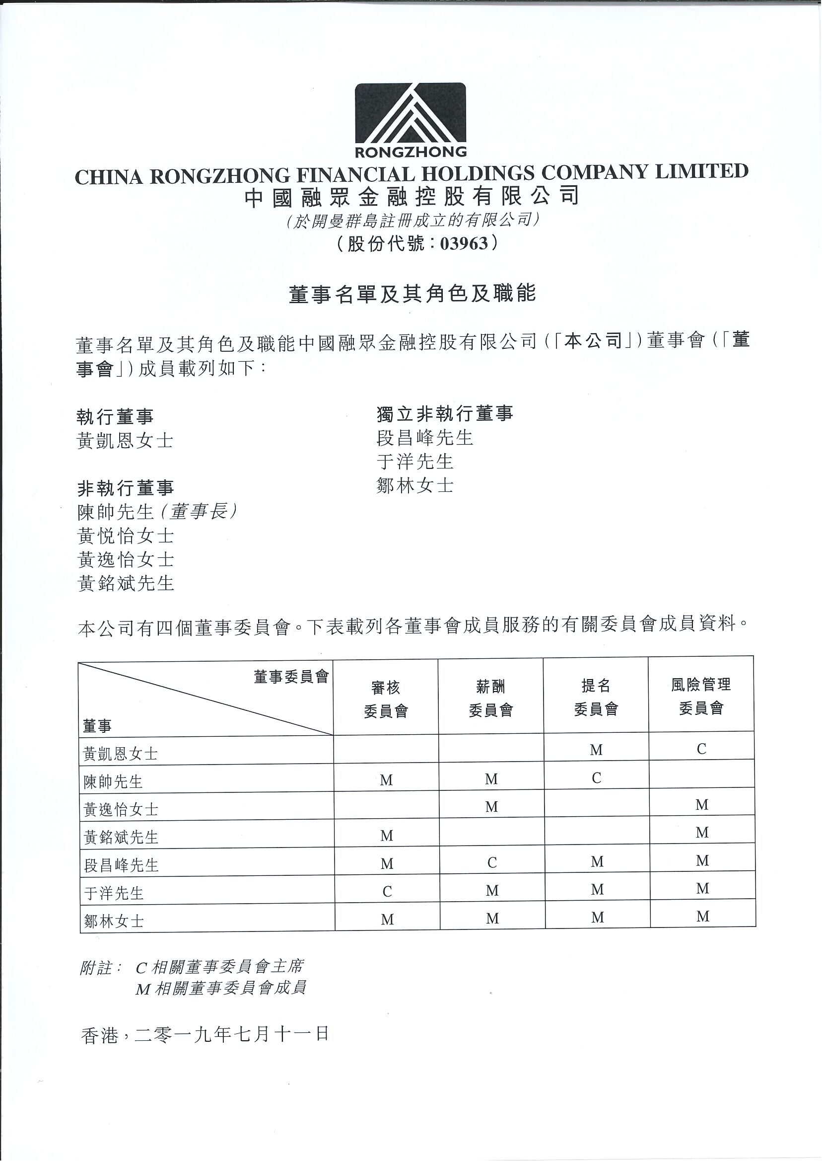 公告及通告 - [董事名單和他們的地位和作用]