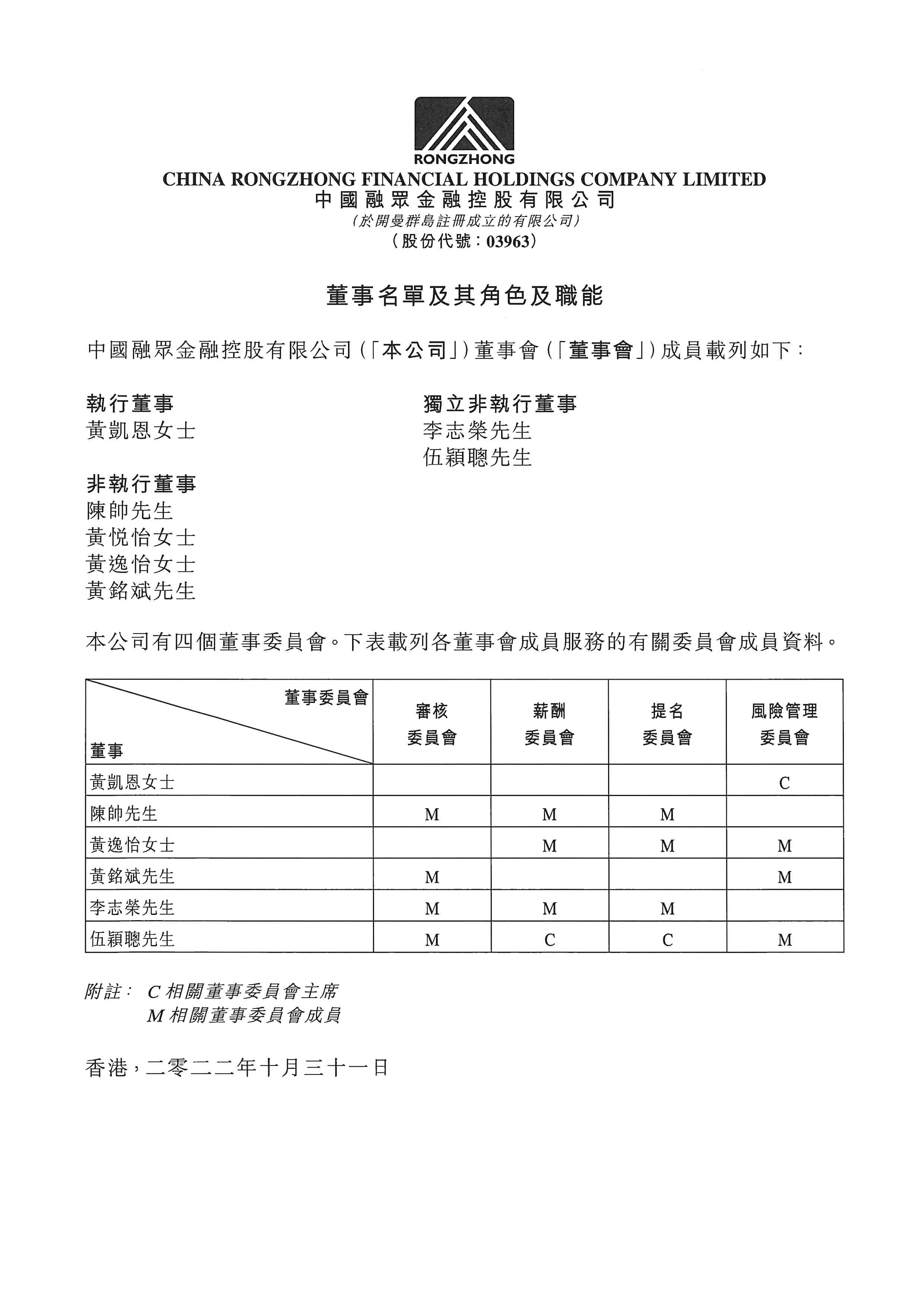 公告及通告 - [董事名單和他們的地位和作用]