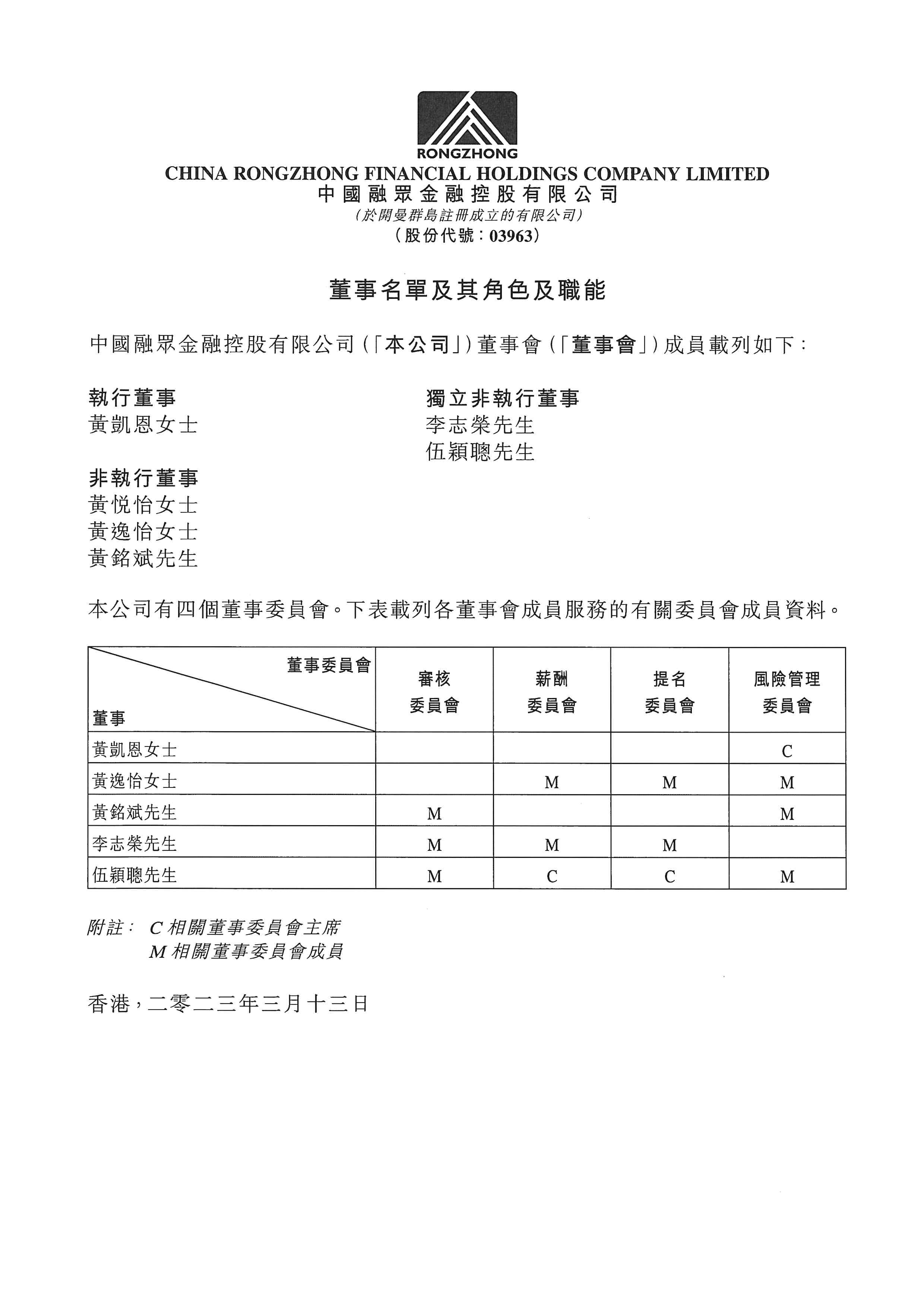 公告及通告 - [董事名單和他們的地位和作用]