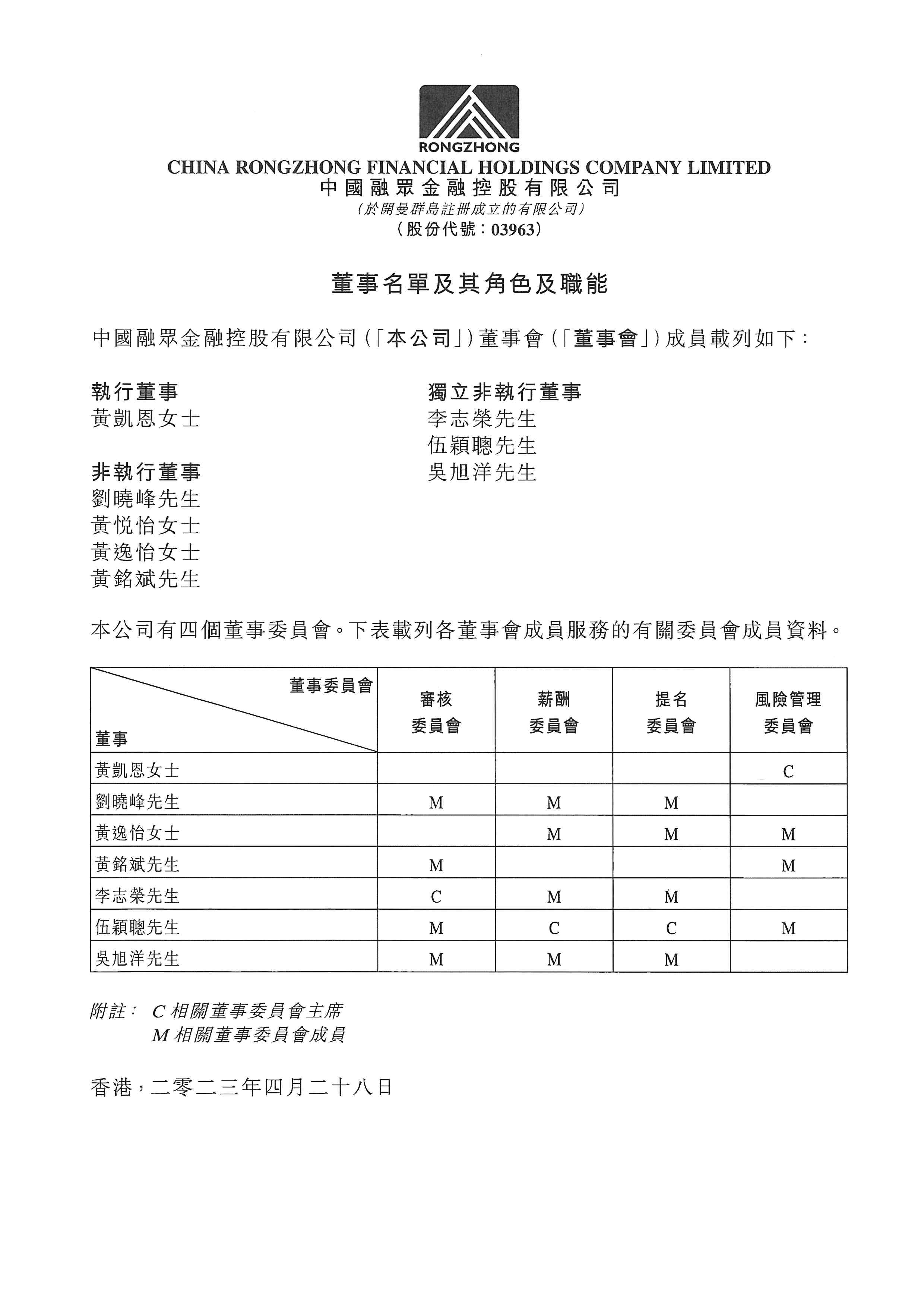 公告及通告 - [董事名單和他們的地位和作用]